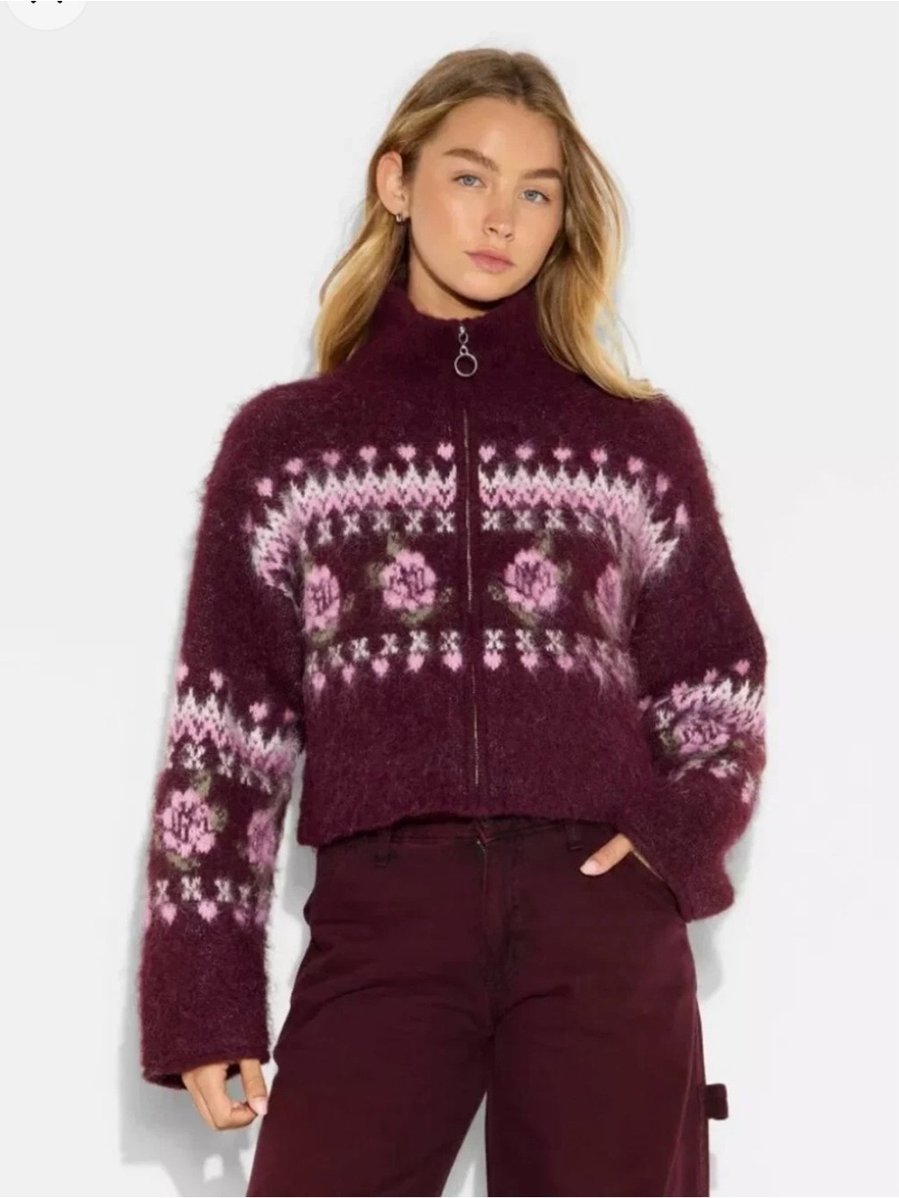 Women's Full Zip Mock Turtleneck Cardigan - Wild Fable Burgundy Floral—XS